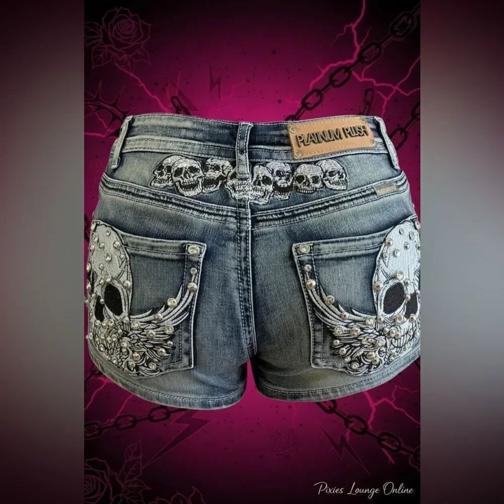 Platinum Plush Tribe of Skulls Rhinestone Shorts